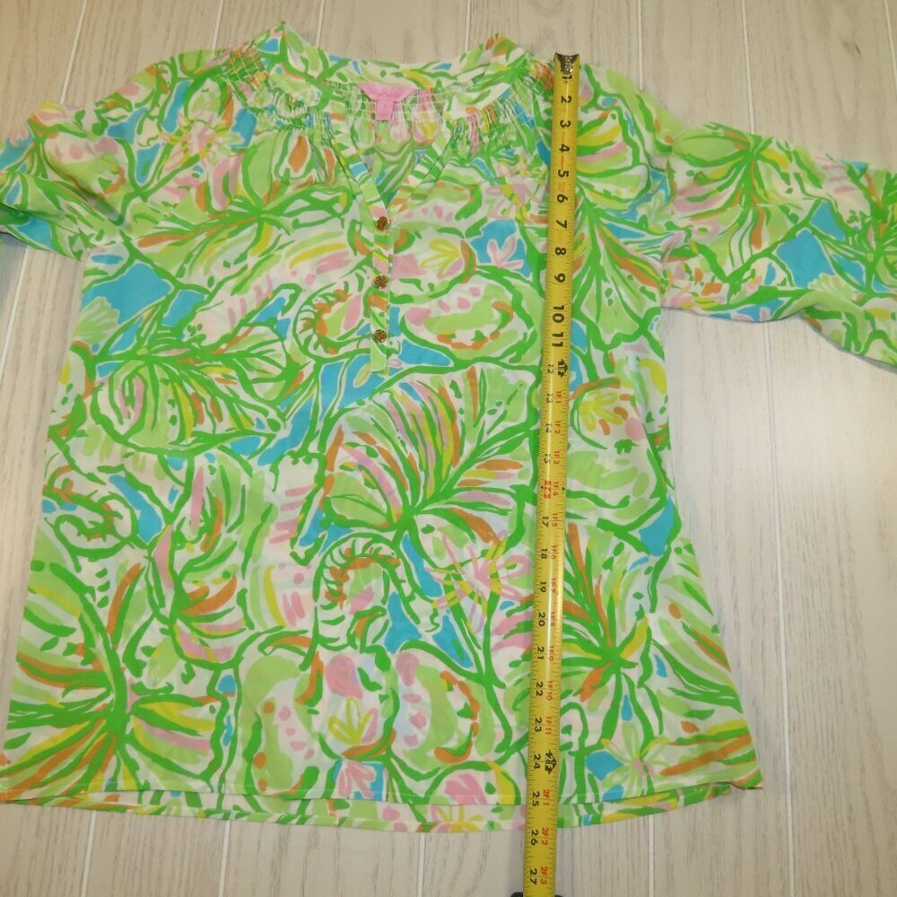 LILLY PULITZER Elsa Silk Top Elephant Ears Green Long Sleeve 1/3 Button Small - Picture 11 of 11